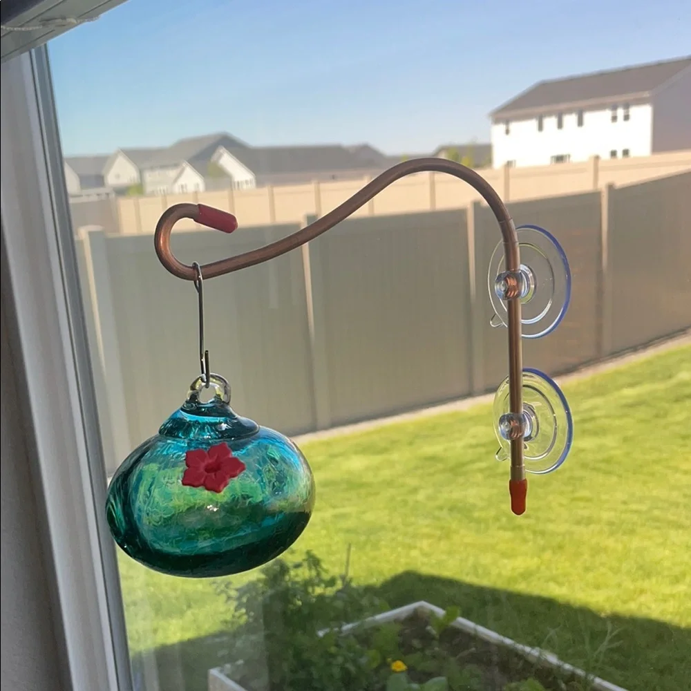 Handcrafted Blue and Green Glass Hummingbird Feeder